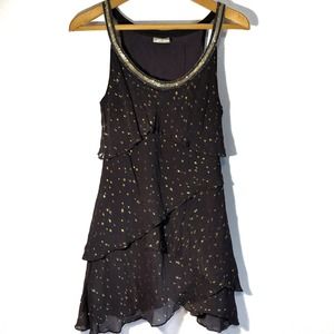 Free People blue sleeveless dress w/ gold spots and chain. Size 6.